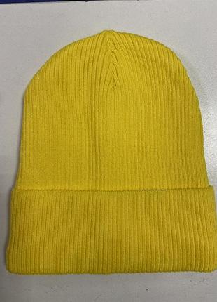 Шапка подвійна в'язана з високим коміром жовтий