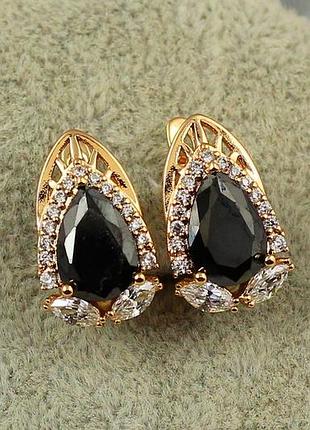 Сережки xuping jewelry перформанс з чорним каменем 1,8 см золотисті