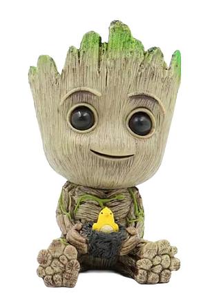 Декоративний горщик підставка кашпо для кімнатних квітів сукулентів та канцелярії грут з пташкою 15 см