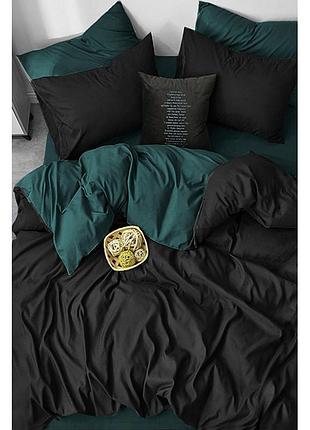 Постельное белье на резинке семейный поплин люкс микс смарагд+черный moonlight