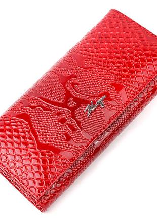 Лакований горизонтальний гаманець із натуральної шкіри з тисненням під змію karya 21167 червоний