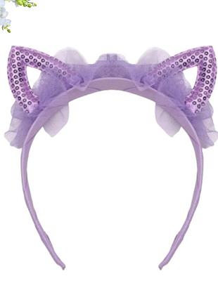 Обруч для волосся вушка котика fashion лавандові з райдужними паєтками