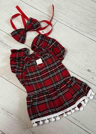 Красное платье в клетку для собак + бантик (136) м