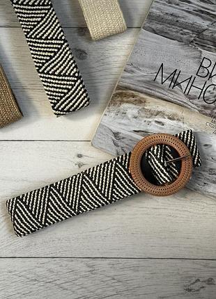 Жіночий плетений ремінь солом'яний 95см чорно-білий круг (9746)