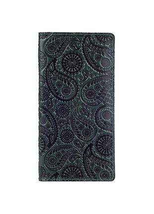 Эргономический дизайнерский зеленый кожаный бумажник на 14 карт с авторским художественным тиснением "buta