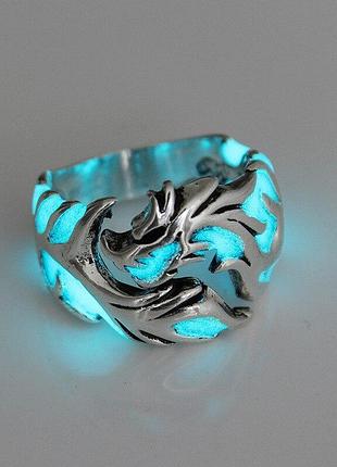 Каблучка регульована срібляста у вигляді дракона з флоуросцентими вставками, що світяться в темряві