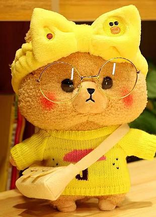 Большая плюшевая игрушка мишка тедди лалафанфан в жёлтой повязке и очках cafe mimi 30 см