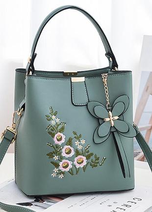 Женская мини сумочка с вышивкой цветами, маленькая женская сумка с цветочками мятный