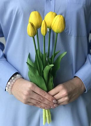 Тюльпаны искусственные латексные жёлтые, букет из 5 бутонов real touch, для декора, подарок