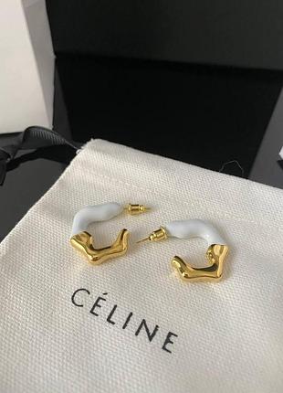 Маленькие серьги колечки с белой эмалью / брендовые серьги селин / celine сережки позолота белые