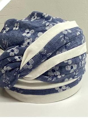 Летняя бандана-шапка-косынка-тюрбан-чалма лён+ хлопок синий