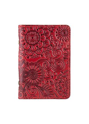 Кожаная дизайнерская обложка-органайзер для id паспорта и других документов красного цвета, коллекция "mehendi