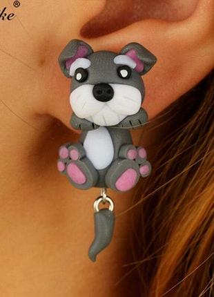 Серьги "собачки", серый - длина серьг 3,8см, полимерная глина, (ручная работа)