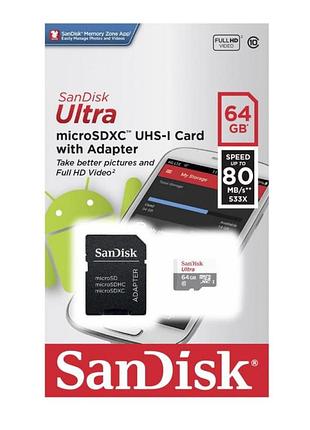 Картка пам'яті sandisk 64 gb microsdhc uhs-i ultra + sd adapter sdsqunr-064g-gn3ma