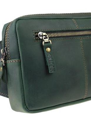 Кожаная мужская сумка на пояс (3 отделения) бананка зеленый