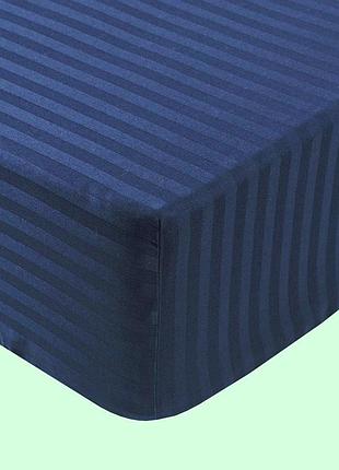 Простынь на резинке 160х200х34см страйп сатин темный синий комфорт текстиль