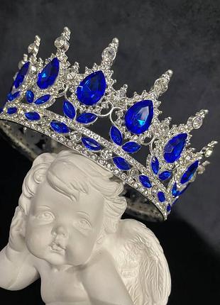 Корона с синими камнями серебро 12.5х5.5 см яркая декоративная корона металлическая корона для торта