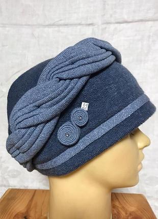 Женская тёплая шапка-тюрбан чалма серо-синий