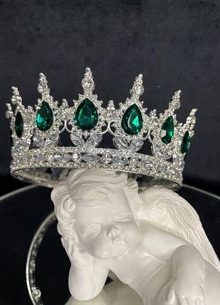 Корона с зелеными камнями серебро 12.5х5.5 см декоративная корона для фотосессии красивая корона на торт
