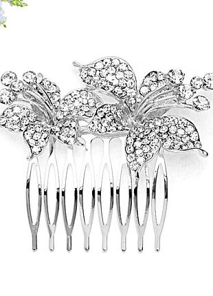 Гребень со стразами серебристая металлическая лилия fashion 6.5 см