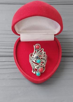 Бирюза коралл кольцо с бирюзой 16.5 размер натуральная бирюза коралл в серебре индия!