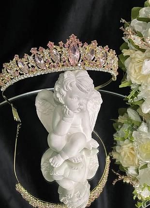 Диадема,тиара для свадебной, вечерней прически 4 см, розовая