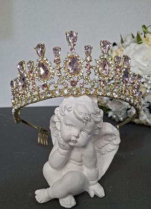 Диадема,тиара для свадебной, вечерней прически 6 см, розовая