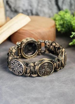 Браслет с бусиной св. николай чудотворец, герб тро и сухопутные войска всу с застежкой казак из паракорда