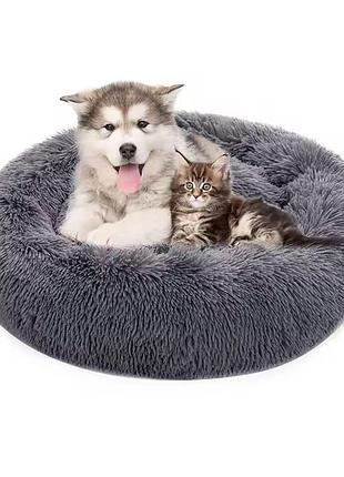 Мягкий пуфик подушка лежанка для кошек и собак 60 см круглая глубокая для домашних животных графит