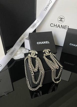 Шанель сережки с цепочками посеребрение / брендовые серьги с подвесными цепочками
