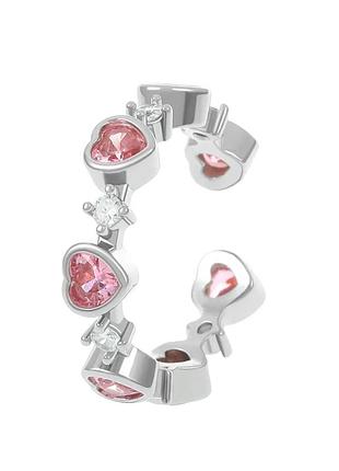 Оригінальна срібляста каблучка з рожевими сердечками, розмір регульований