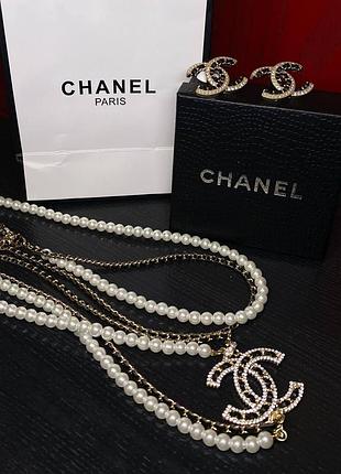 Шанель серьги и длинные жемчужные бусы / серьги и ожерелье жемчуг и позолота