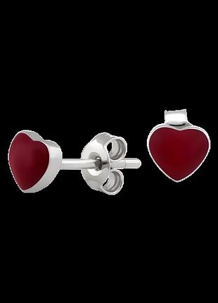 Серебряные сережки сердечки с красной эмалью гвоздики, пусеты, 925 проба