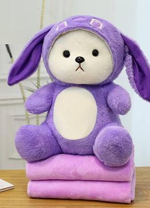 М'яка іграшка обіймашка ведмедик стіч 3-в-1 подушка з пледом синій 40 см