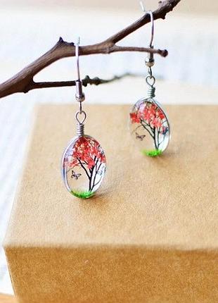 Серьги женские стеклянные "дерево", красные - размер серьг 2*1,2см