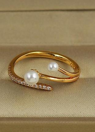Кольцо xuping jewelry раздвижное две маленькие жемчужины р 16+ золотистое