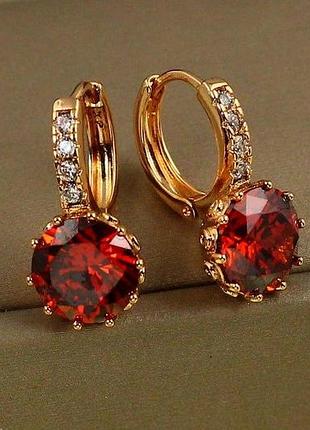 Серьги xuping jewelry с большим красным камнем и круглой застежкой 2 см золотистые