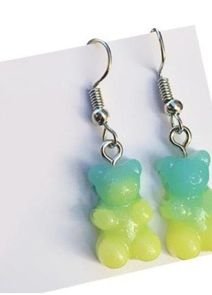Сережки желейні ведмедики салатово-блакитний