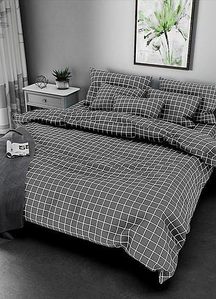 Постельное белье клетка серая бязь люкс meriset - семейный на резинке євро на резинці