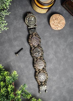 Браслет с бусинами печатка велеса, казак, герб тро и щит перуна с застежкой казак в паракордовом плетении