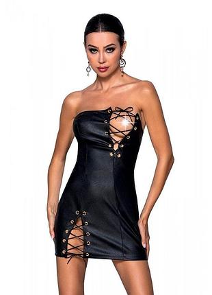 Мини-платье из экокожи celine chemise black xxl/xxxl — passion: шнуровка, трусики в комплекте