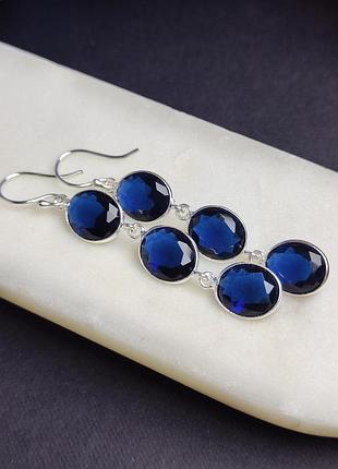 Сапфіровий кварц сережки подовжені. кульчики з сапфірового кварцу. сережки кварц овал . сині камені. індія.