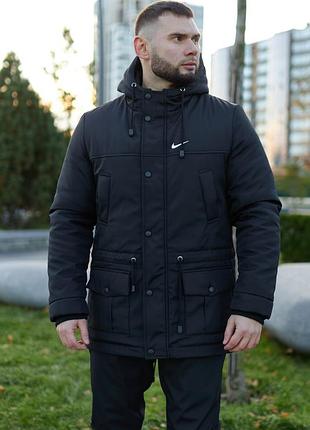 Зимова чоловіча парка nike з капюшоном,довга куртка на зиму, тепла подовжена куртка зима на змійці
