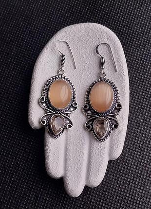 Сережки котяче око та морганіт камінь кульчики з котячим оком та морганітом в сріблі. індія!