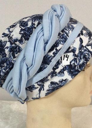 Летний тюрбан-бандана-шапка-косынка-чалма белый с синим