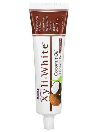 Зубная паста-гель, toothpaste gel, now foods, solutions, с кокосовым маслом и мятным вкусом, без фтора, 181 г