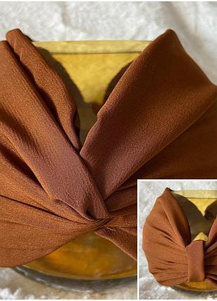 Легка літня пов'язка-чалма шифон шовк бант коричнева 53-55 см