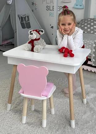 Стол прямоугольный с откидным ящиком 53х60х45 и стул медведик 26.5х26х25, столик и стульчик для девчачьей комнаты, розовый с белым