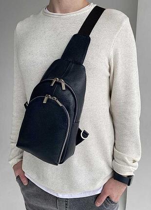 Черная сумка банка из натуральной кожи мужская синий