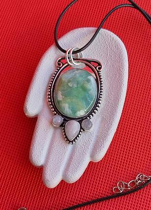 Підвіс натуральний геміморфіт та місячний камінь. кулон з геміморфіту та місячного каменю. індія!